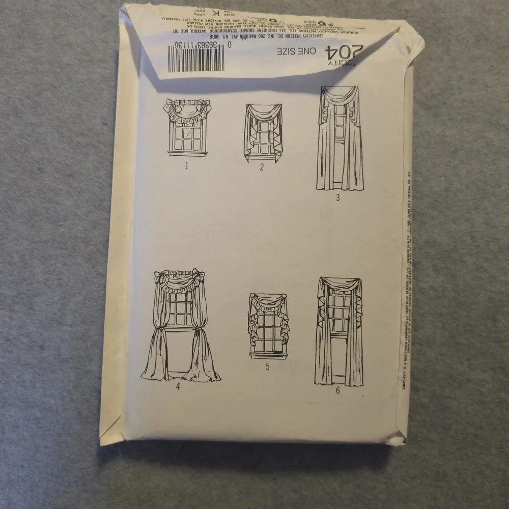 Simplicity 7204 Sewing Pattern Window‎ Curtains Drapes Valances One Size Jiffy